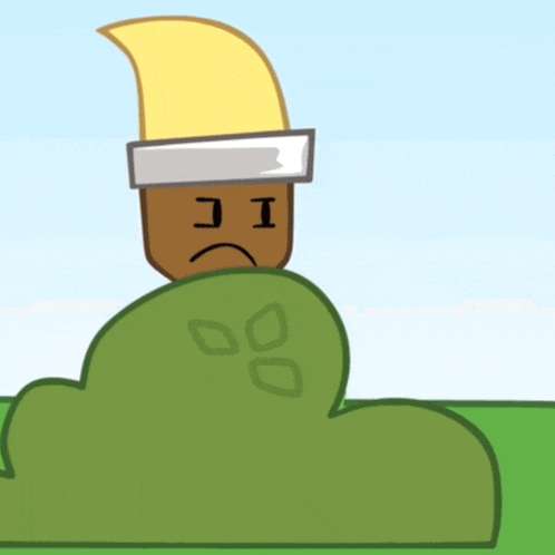 a cartoon character with a sad face and the letter i on his head