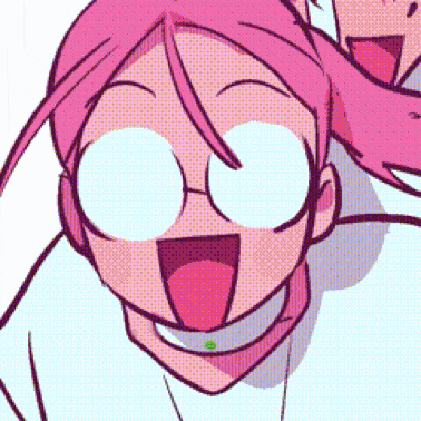 a cartoon girl with pink hair and glasses is smiling and sticking out her tongue .