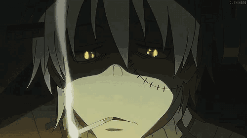 a close up of a person smoking a cigarette with their eyes glowing .