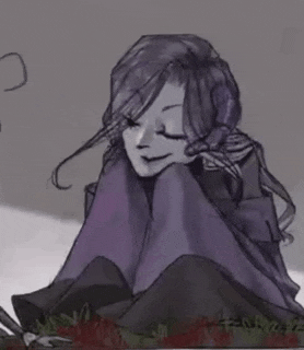 a drawing of a girl with purple hair sitting on the ground with her eyes closed .