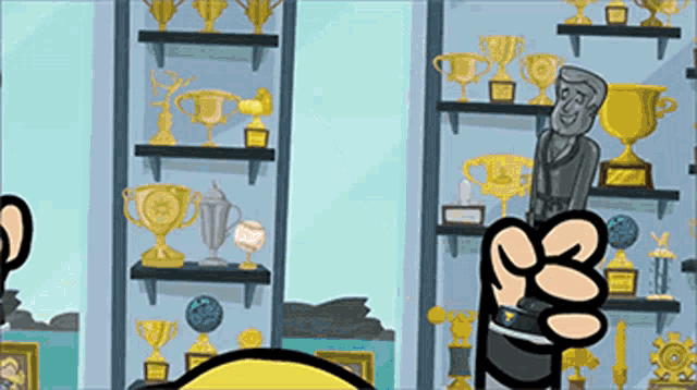 a cartoon character is giving a thumbs up in front of trophies on shelves