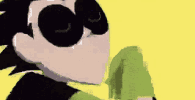 a cartoon character is wearing sunglasses and holding a green object .