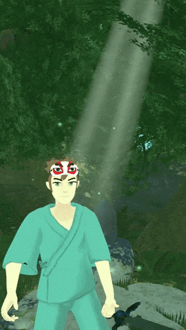 a man with a mask on his head is standing in the woods