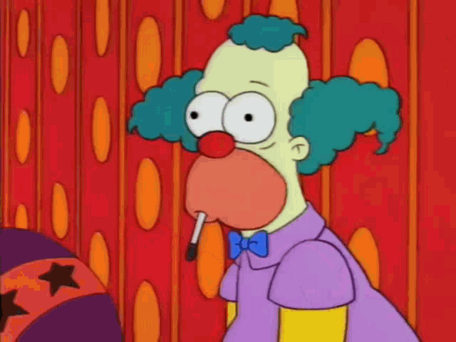 a cartoon clown smoking a cigarette in front of a red wall