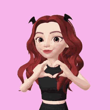 a cartoon girl with red hair and horns making a heart with her hands