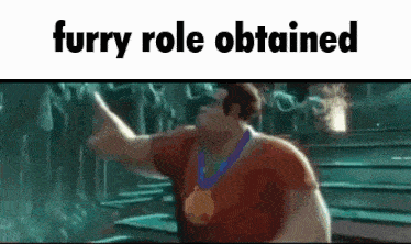 a cartoon character with a medal around his neck and the words `` furry role obtained '' written above him .