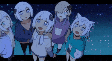 a group of anime girls are looking up at the stars