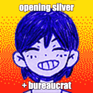 a drawing of a boy with blue hair and the words opening silver + bureaucrat on the bottom