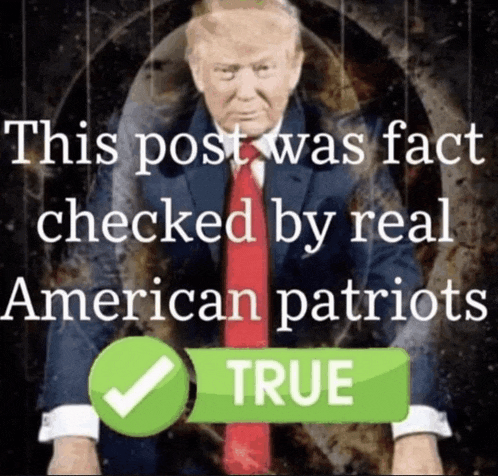 a picture of donald trump with the words this post was fact checked by real american patriots below him