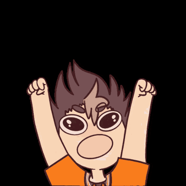 a cartoon of a boy with his arms in the air and a surprised look on his face
