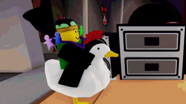a cartoon character is riding a duck in front of a speaker