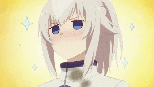 a girl with white hair and a blue eye makes a funny face