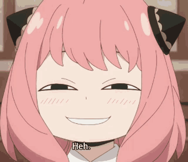 a girl with pink hair and green eyes is smiling with the words heh written below her