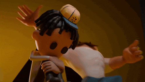 a cartoon character wearing a yellow hat with a sun on it is hugging another cartoon character