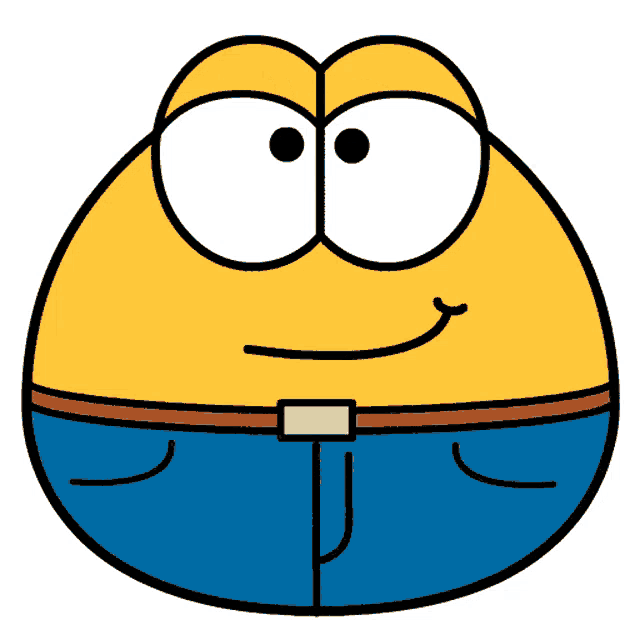 a yellow cartoon character wearing blue jeans has a smile on his face