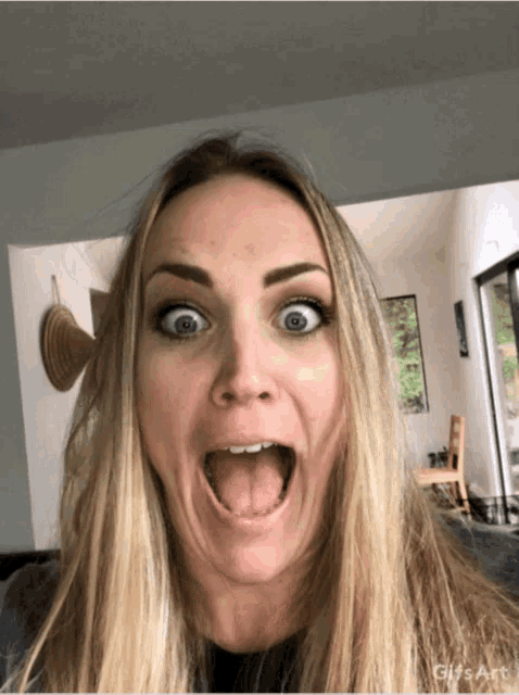 a woman making a funny face with her tongue out and a gifs art watermark