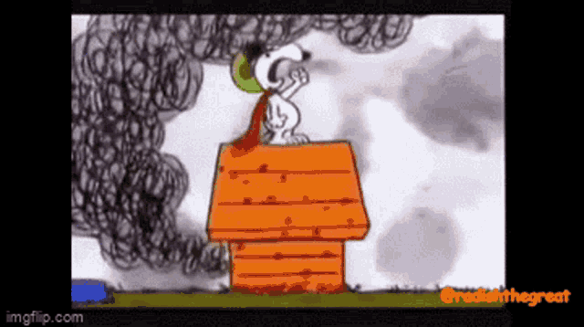 a cartoon of snoopy standing on a chimney with smoke coming out of it