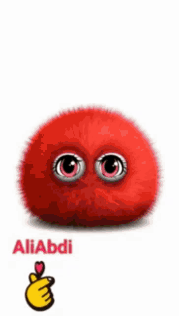 a red fluffy ball with big eyes and the name aliabdi written on it