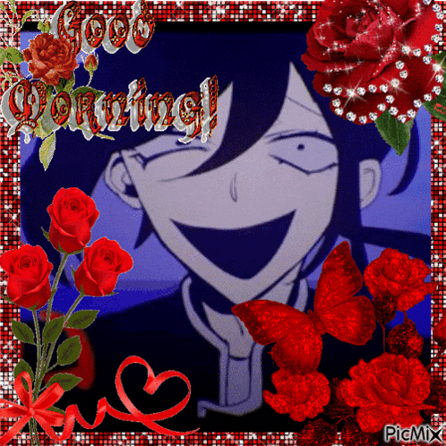 a picture of a man with red roses and the words good morning on top