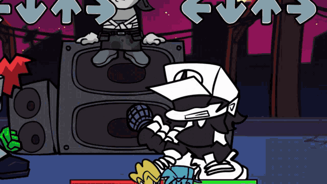 a cartoon character playing a video game with arrows pointing to the left and right