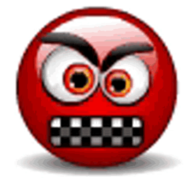 a red smiley face with big eyes and a checkered mouth is angry .