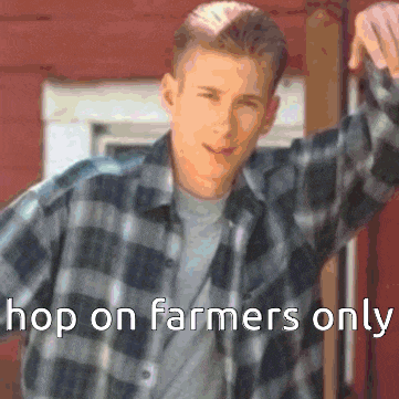 a man in a plaid shirt is standing in front of a red building with the caption hop on farmers only