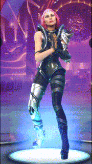 a woman with pink hair is standing on a pedestal with a purple background .