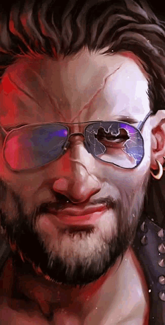 a man with a beard wearing sunglasses with a hole in the lens