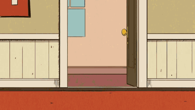 a cartoon of a hallway with a door open