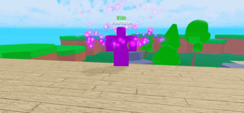 a purple roblox character with a smiley face is walking on a wooden floor