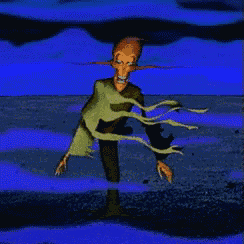 a cartoon character is standing in the water with a blue sky in the background