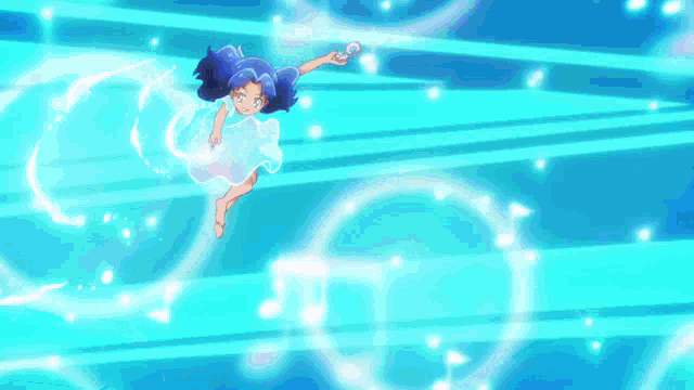 a girl in a white dress is flying through the air holding a microphone