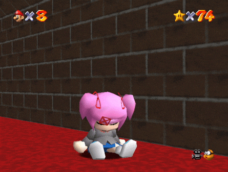 a video game with a girl sitting on the floor and a brick wall behind her