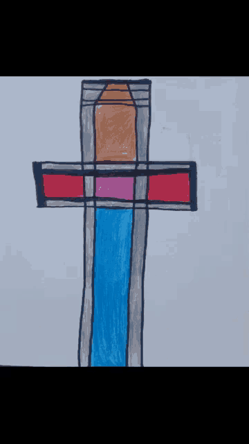 a child 's drawing of a cross with a blue stripe