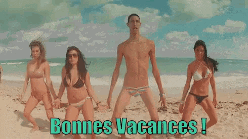 a group of people in bikinis are dancing on a beach with the words bonnes vacances written above them