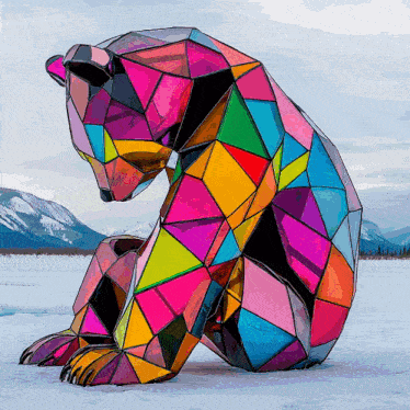 a painting of a colorful bear sitting in the snow with mountains in the background