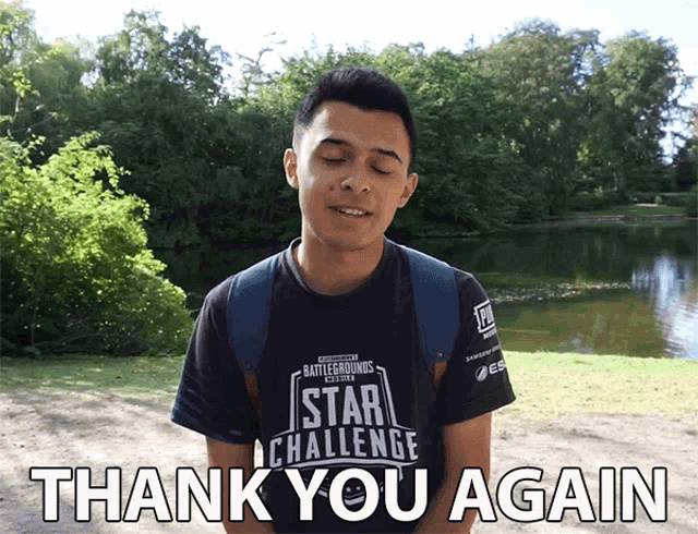 a man wearing a black shirt that says star challenge is saying thank you again