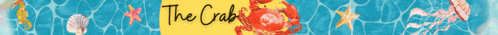 the word crab is on a blue and yellow banner