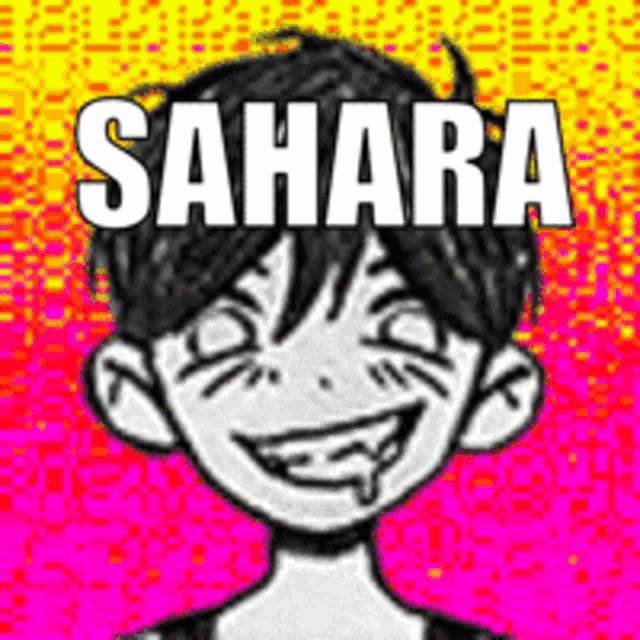 a black and white drawing of a boy with the words `` sahara '' written above him .