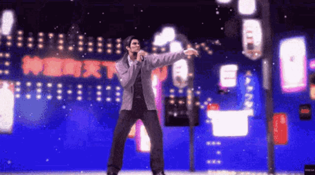 a man is singing into a microphone while standing in front of a neon sign that says " next "