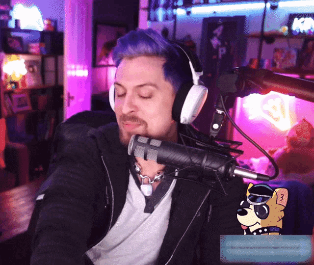 a man with blue hair wearing headphones and a dog with sunglasses