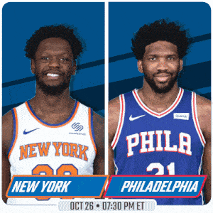 two basketball players from new york and philadelphia on a blue background