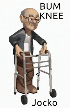 a cartoon of an old man using a walker with the words `` bum knee jocko '' written on it .