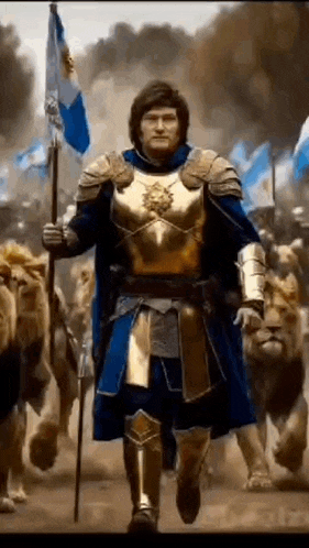 a man in armor is holding a flag in front of a lion .