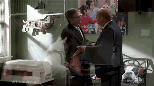 two men are standing in a room with a picture of a family on the wall behind them with #theblacklist on it