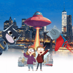 a cartoon illustration of a city scene with a flying saucer coming out of it