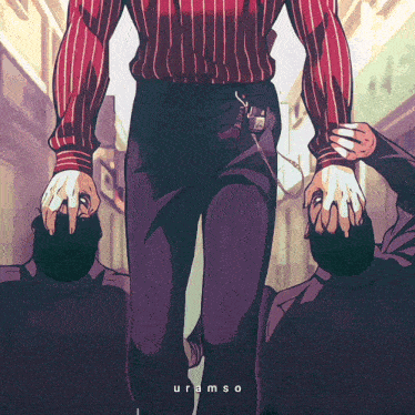 a drawing of a man holding another man 's head with the word uramso written on the bottom