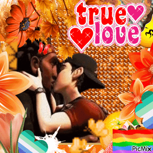 a picture of two men kissing with the words true love in the background