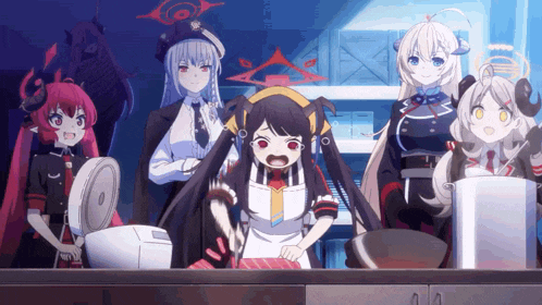 a group of anime characters are standing around a table with a rice cooker