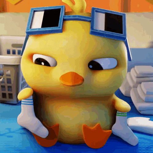 a yellow cartoon duck wearing sunglasses and socks